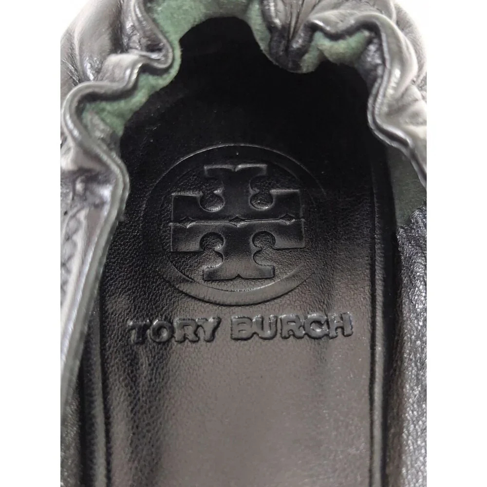 Tory Burch Reva Ballet Flats Shoe Womens 6 Black Slip On Metal Logo Travel Prepp
